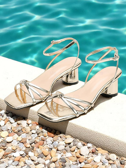 Strap Block Ankle – Metallic Heels Gold Shiny Women's