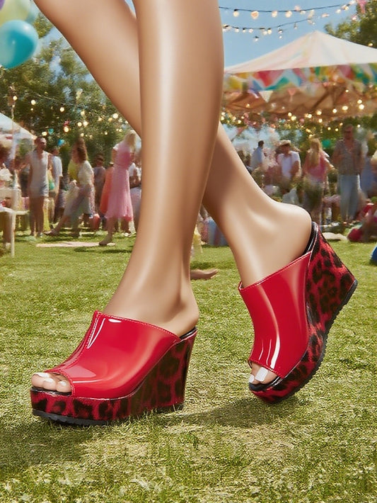 - Leopard Peep Patent Sandals Wedge Women's Leather Toe Red