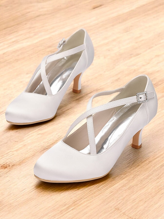 – Satin Cross-Strap Elegant with Heels White Rhinestone Buckle