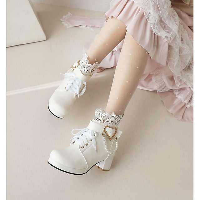 – Bridal Women's Ankle Shoes White Lace-Up Wedding Boots