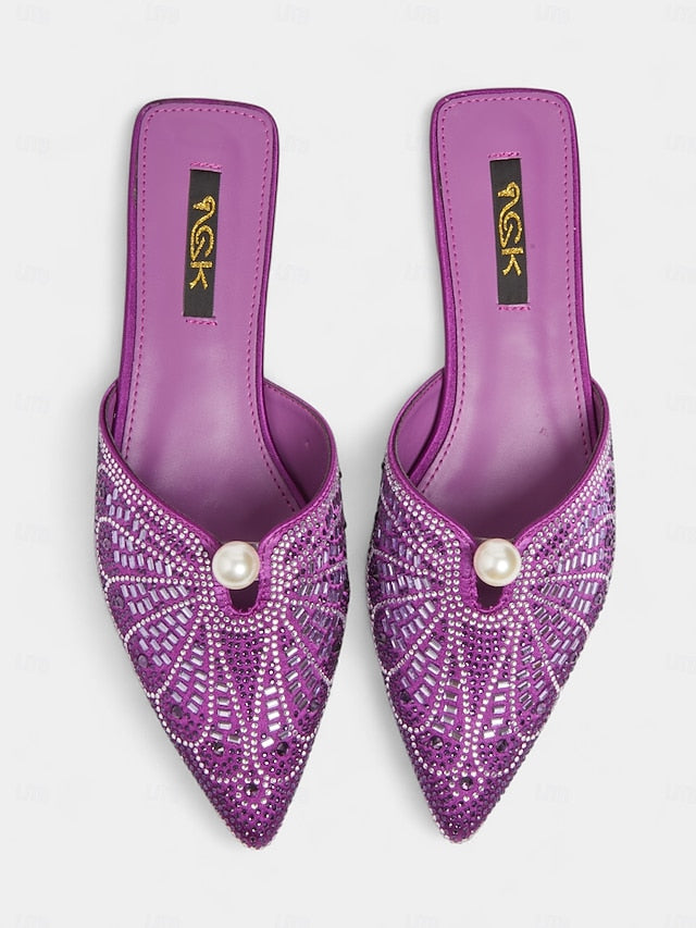 with - Glamorous Detail Gold Rhinestone Women's Mules Pearl