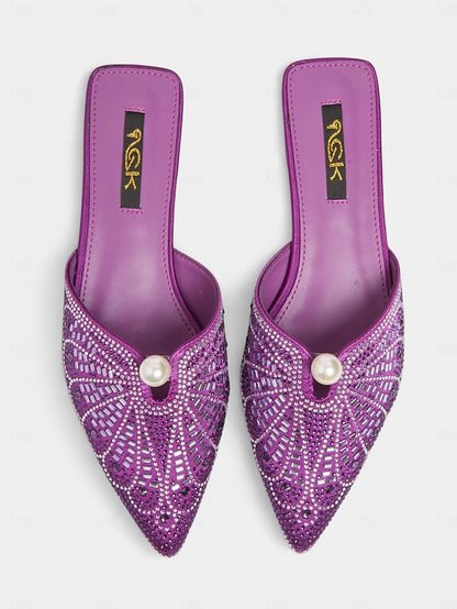 with - Glamorous Detail Gold Rhinestone Women's Mules Pearl