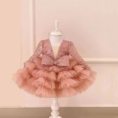 Performance Sleeve Long Sequin Kids Dress Party Girls'