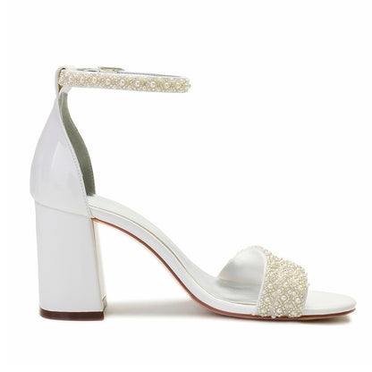 Block Pearl Strap Ivory Embellished Ankle White Women's