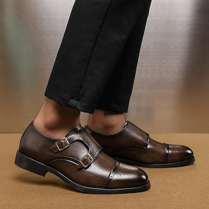 Double with Brown Monk Faux Men's Leather Strap Shoes