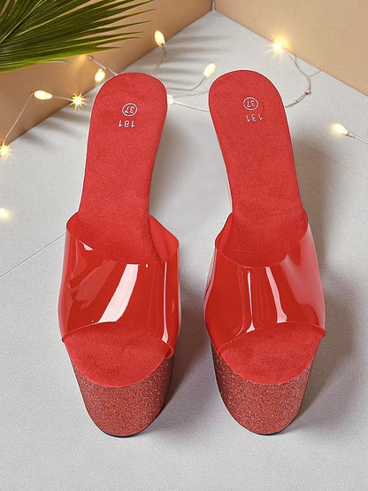 Red Women's Stiletto Glitter Platform Heels