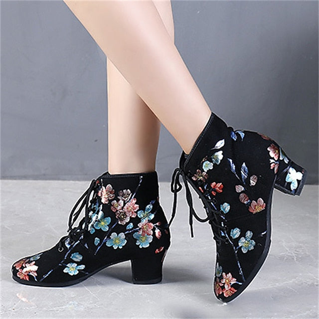 Comfortable Shoes Black – Lace-up Women Low Floral Dance for