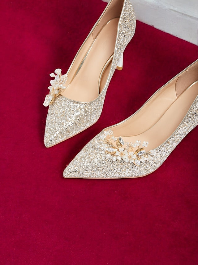Glitter with Stiletto Silver Floral Heels Women's