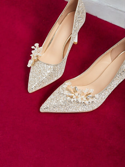 Glitter with Stiletto Silver Floral Heels Women's
