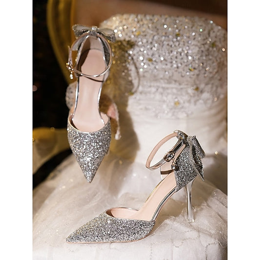Sparkly Women's Pointed Heels Glitter - Toe Silver Bow