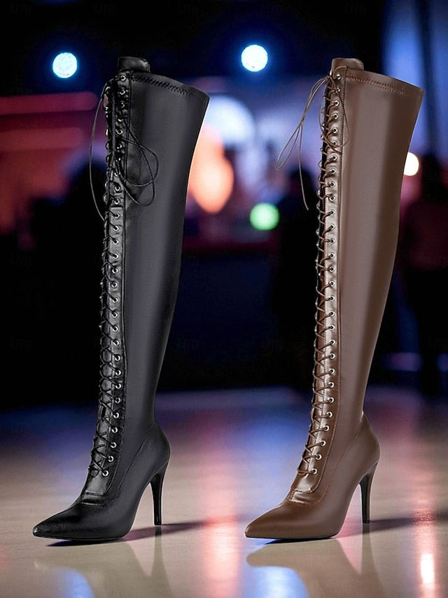 Brown Stiletto Knee the - Over Sexy Women's Lace-Up Boots