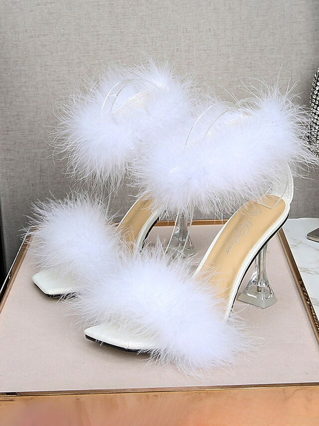 Feather-Embellished Heel with Sandals Turquoise Clear High