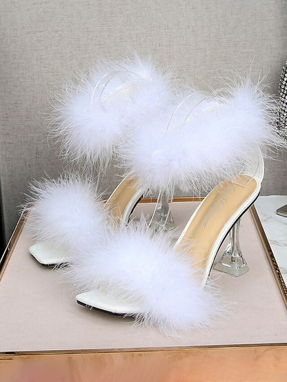 Feather-Embellished Heel with Sandals Turquoise Clear High