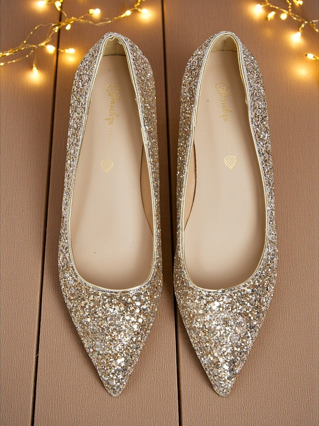 Toe Pointed Heel Women's Pumps Low Glitter - Sparkly