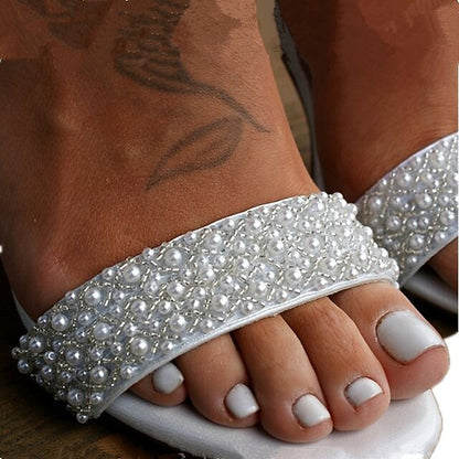 Block Pearl Strap Ivory Embellished Ankle White Women's