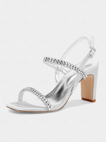 Bridal White Heel – Rhinestone Prom Block Sandals Women's