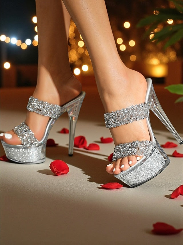 Peep - Platform Mules Rhinestone Glitter High Heel Women's