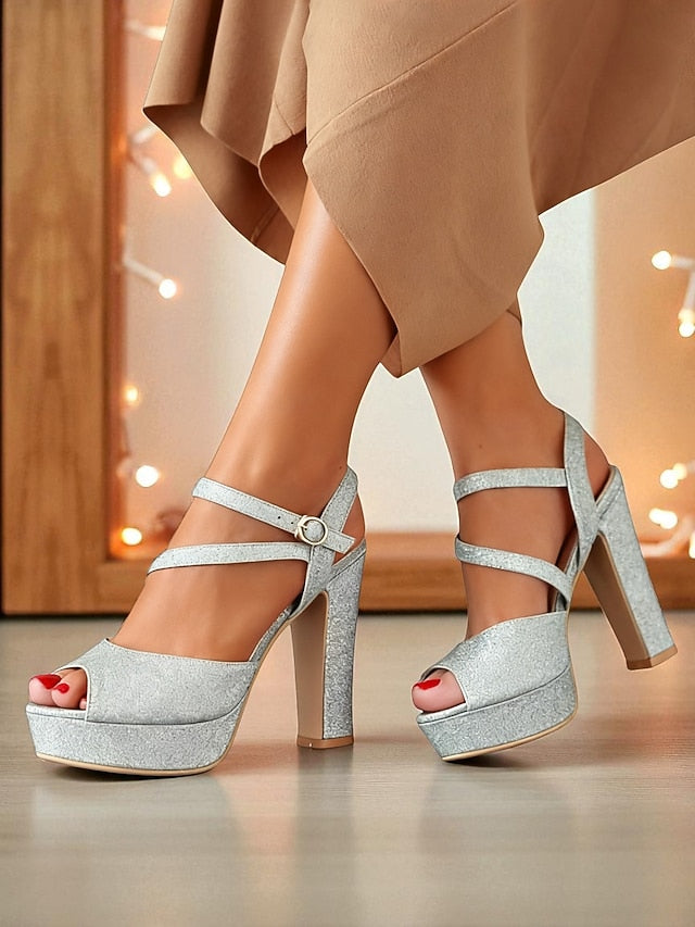 Women's Sandals with Strap High Glitter Heel Ankle Platform