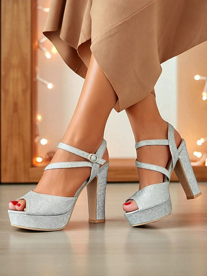 Women's Sandals with Strap High Glitter Heel Ankle Platform