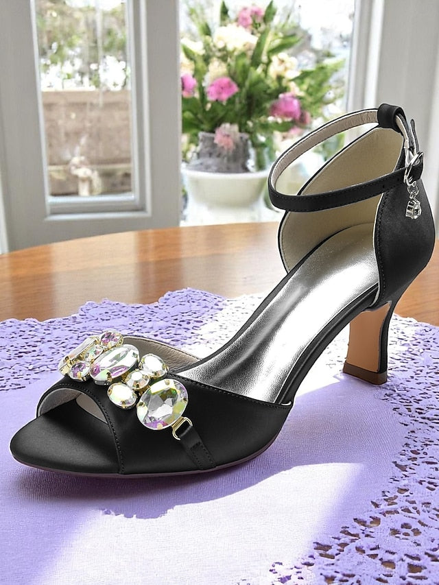 and Women's with Black Toe Heels Ankle Open Strap Satin