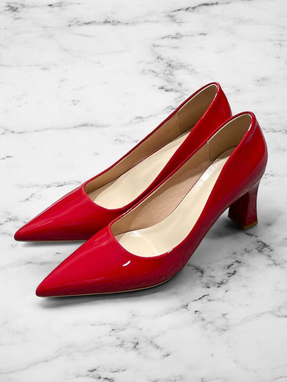 Leather Block Heel Glossy Pointed-Toe Pumps Green Patent Faux