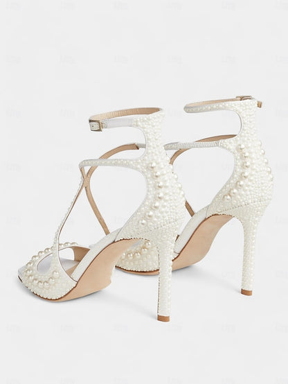 White Open-Toe Sandals Stiletto Pearl-Embellished with Ankle