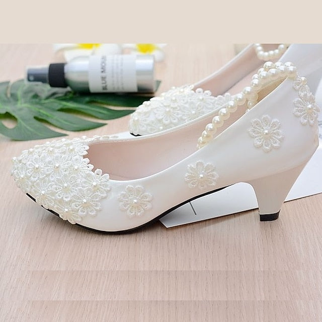 Lace Decorated Heels Women's Wedding – White Floral Pearl