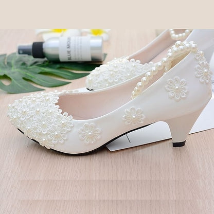 Lace Decorated Heels Women's Wedding – White Floral Pearl