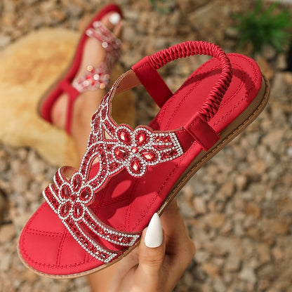 T-Strap Rhinestone Sandals Boho – Flat Women's Silver