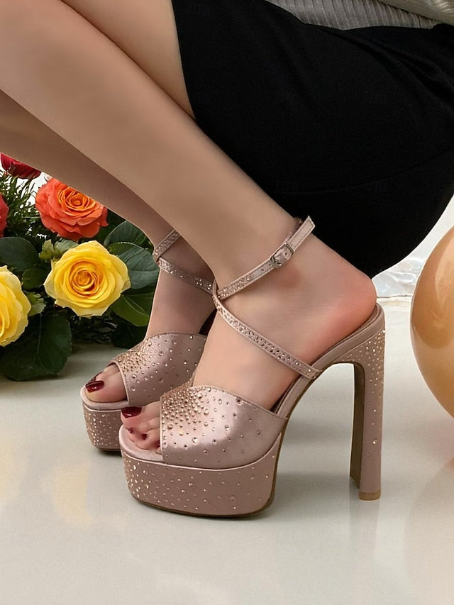 Peep Women's with Sandals Platform Heel High Toe Rhinestone