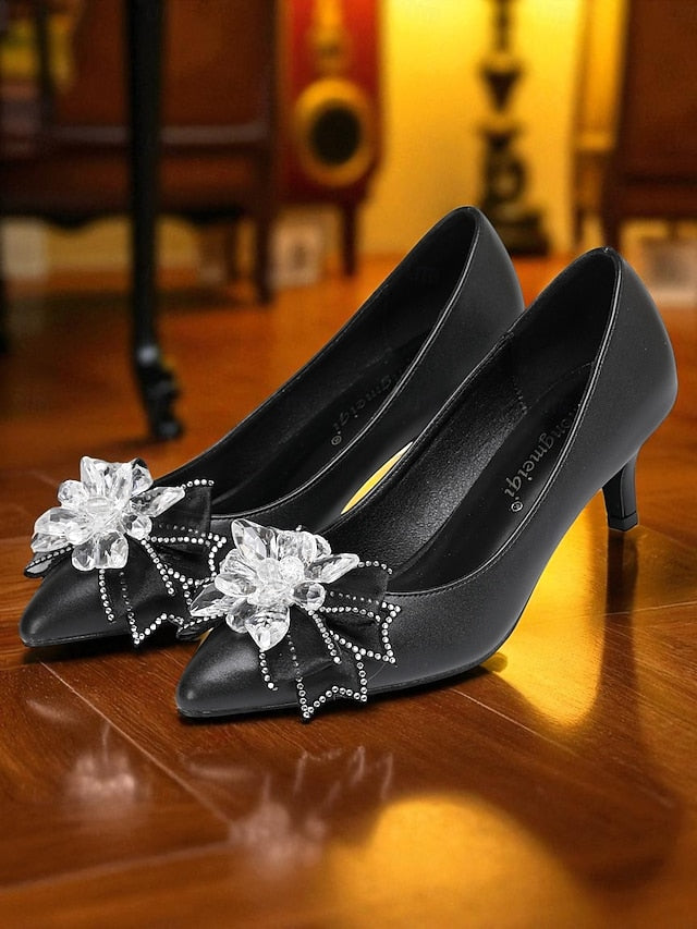 White with Heel Bow Low Wedding Shoes Women's Crystal