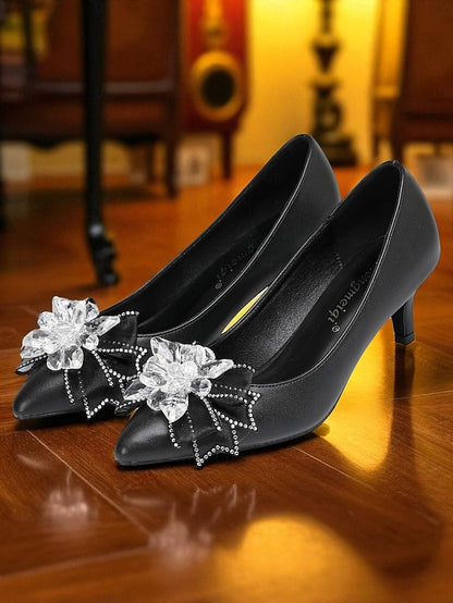 White with Heel Bow Low Wedding Shoes Women's Crystal