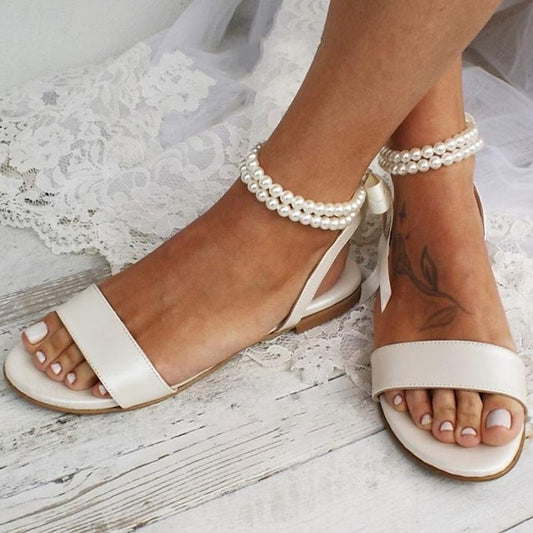 – Ankle White with Strap Flat Women's Pearl Sandals