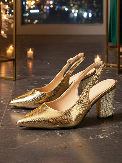Block - Pointed Gold Pumps Slingback Heel Women's with Toe