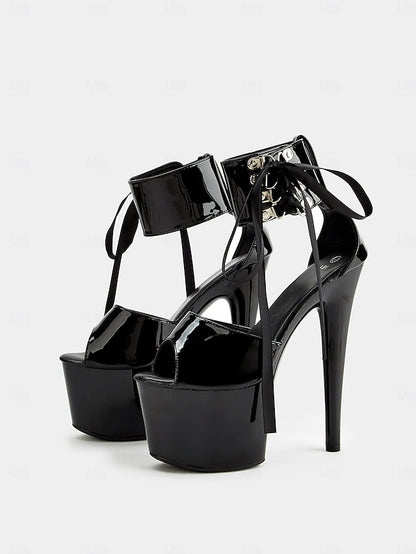 Black with Platform Lace-Up Patent Ankle Straps Sandals Leather