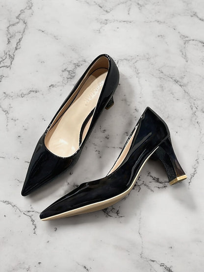 Leather Block Heel Glossy Pointed-Toe Pumps Green Patent Faux