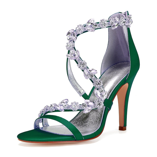 High Satin Sandals Floral Pink Heel Rhinestone with Women's