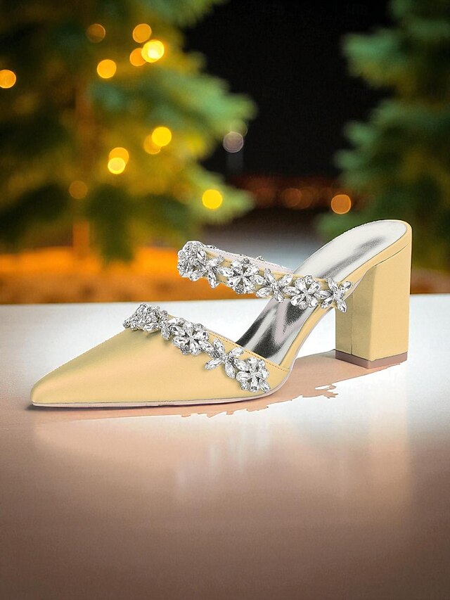 Women's Floral Satin Black Rhinestone Heel Mules Block with