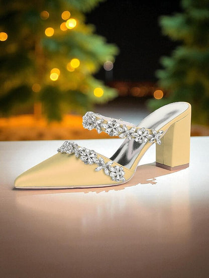 Women's Floral Satin Black Rhinestone Heel Mules Block with