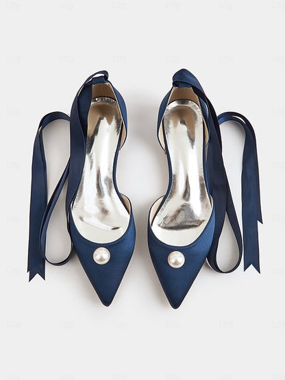 Embellished Satin Pointed Women's Navy - Pearl Flats Toe