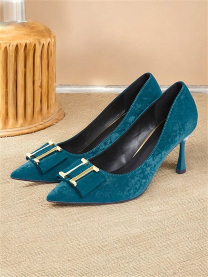 Kitten Velvet Toe Teal Pointed Pumps Heel - Women's Elegant
