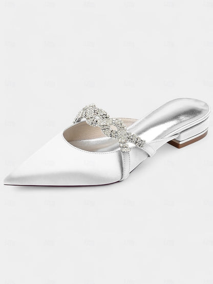 - Satin Blue Heels Mule Detailing with Rhinestone Pointed-Toe