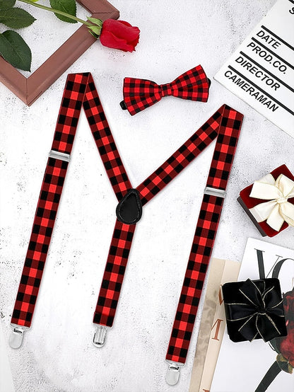 Christmas Men's Bow Plaid Tie Adjustable Set and Suspender
