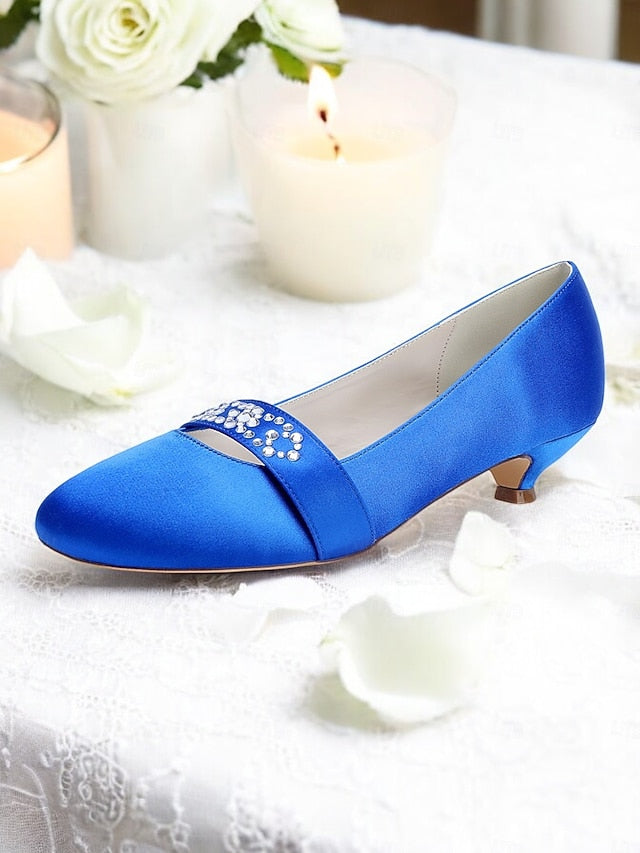 Blue Satin Rhinestone Women's Heels Kitten with