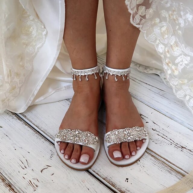 Women's Sandals – Bridal Elegant White Rhinestone Flat
