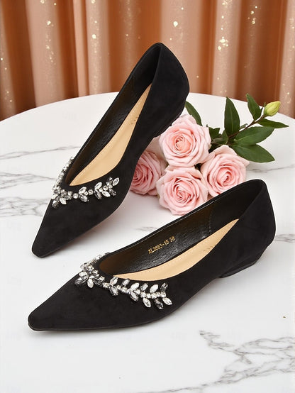 Rhinestone Toe Women's Suede Pointed Flats Black with