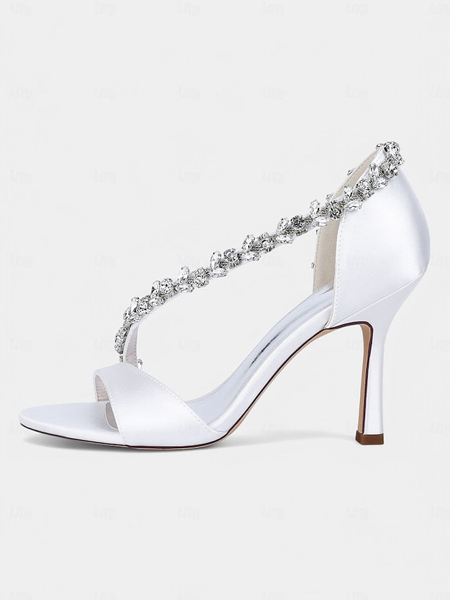 Champagne Satin – Women's with High Heels Crystal T-Strap