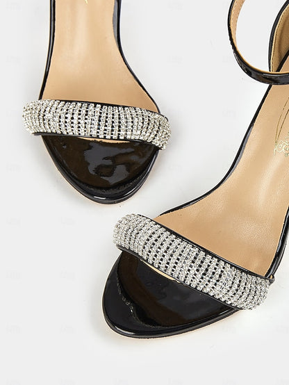 Rhinestone Sandals High Black Heel Leather Patent with
