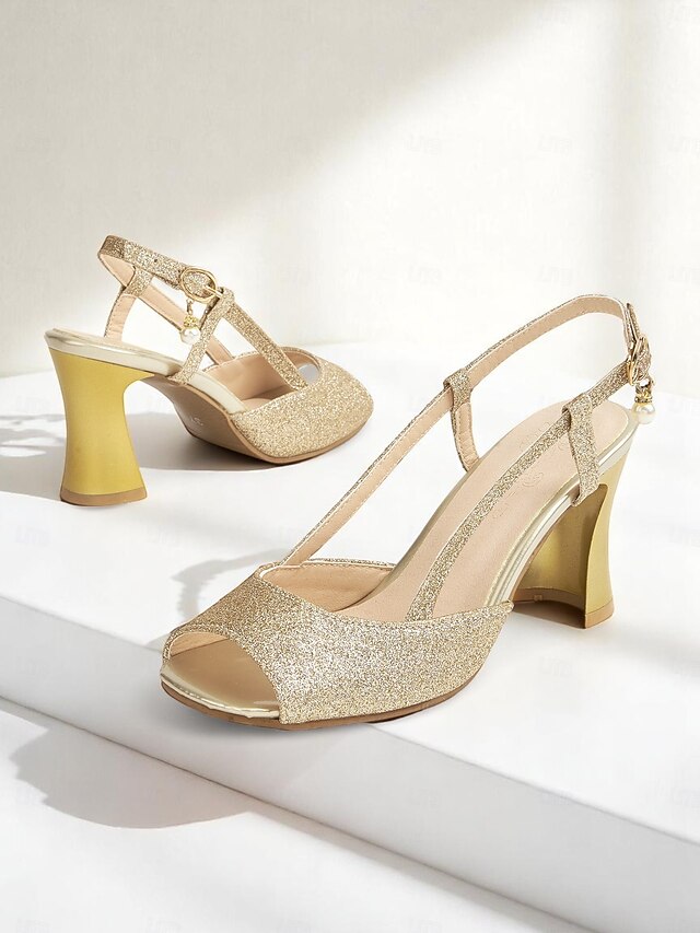 Slingback - Women's Gold Heels Glitter Sparkly Open-Toe