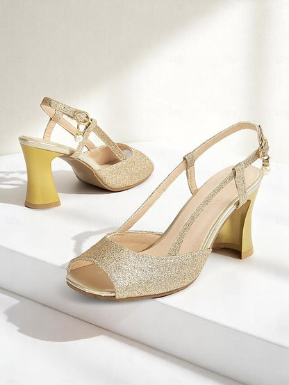 Slingback - Women's Gold Heels Glitter Sparkly Open-Toe